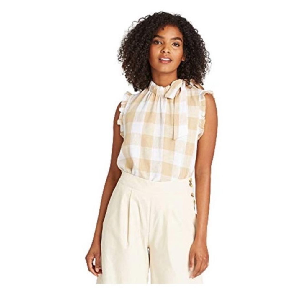 Who What Wear checkered tie neck blouse